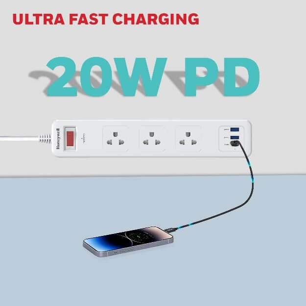 รางปลั๊กไฟ 3 ช่อง HONEYWELL รุ่น HC000038 ป้องกันไฟกระชาก 1.8 เมตร (USB-A 2 ช่อง , USB-C 1 ช่อง)_3